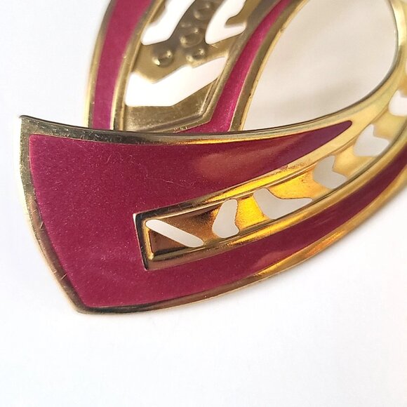 Signed Berebi Enamel Earrings Pink Purple Gold Tone Pierced Statement Ribbon 80s - Picture 6 of 9